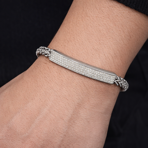 <b>Mens</b> 316L Stainless Steel Pav Bar Cuban Link Bracelet High Polish Silver Tone Diamond Brilliant Cut ID Chain Jewelry Gift - Product Image 5