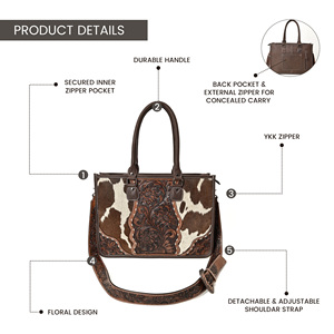 Western Cowhide Leather Tote Bag with Floral Tooled Design Adjustable <b>Shoulder</b> <b>Strap</b> for Women - Product Image 3