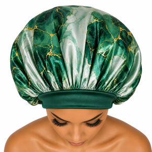 Bonnet de nuit en satin vert marbré pour femme, ajustable, élastique, pour usage domestique, 56-58 cm, style tendance - Product Image 1