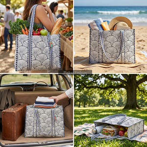 Sac fourre-tout matelassé en coton imprimé à la main, grand sac à bandoulière pour femme, motif Ginkgo bleu, sac de plage et de shopping - Product Image 2