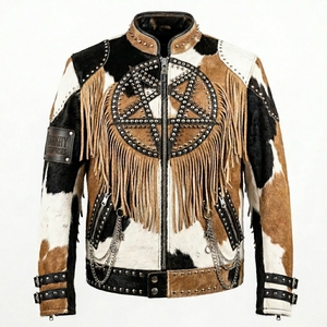 Chaqueta de cuero vacuno con flecos tricolor, estilo gótico, rockero, western, con pentagrama de cuentas, punk, oculto, heavy metal, proveedor personalizado - Product Image 1