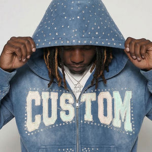 Sudadera con capucha unisex extragrande con cremallera, de mezclilla lavada hecha a mano, con adornos de pedrería bordados y apliques deshilachados con gráfico de letras. - Product Image 2