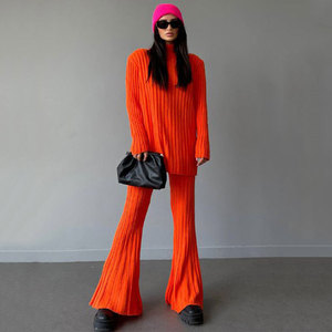 Conjunto Deportivo de Punto Acanalado Naranja para Mujer, Cuello Alto, Manga Larga, Corte Holgado, Color Sólido, Ropa Casual de Invierno con Cintura Elástica - Product Image 1