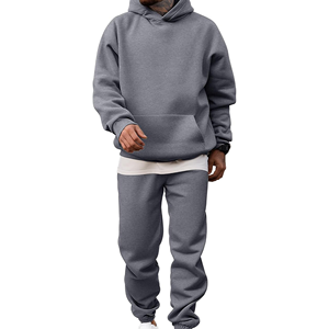 Ensemble survêtement homme gris à capuche et pantalon de jogging 100 % coton, coupe décontractée, couleur unie, respirant, longueur intégrale - Product Image 1
