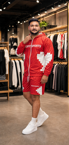 REXFIT SPORTS 2026 ชุดแจ็คเก็ตและกางเกงขาสั้นไนลอนกันลมสีแดงขาวแบบกำหนดเอง แบรนด์ส่วนตัว เสื้อผ้าสตรีทแวร์และชุดกีฬาสำหรับผู้ชาย - Product Image 6