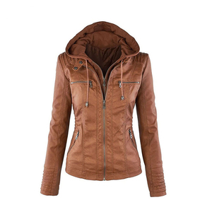 2026 Top Selling Women's Brown Leather Moto Jacket Stand Collar Full Sleeve Zipper Closure Solid Color Biker Style Autumn Wear - Product Image 3