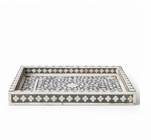 Bandeja Rectangular de Lujo Hecha a Mano con Incrustaciones de Hueso Ecológicas y Diseño Floral en Gris y Blanco Multiusos - Product Image 1
