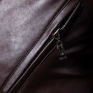 Veste en cuir marron pour homme, coupe slim, style motard, fermeture éclair asymétrique, multi-poches, cuir véritable, veste décontractée - Product Image 3