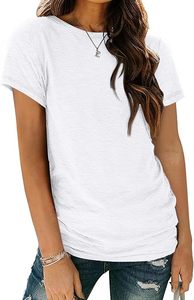 Camiseta de algodón para mujer, cuello redondo, manga corta, corte holgado, color blanco liso, transpirable, informal, para primavera/verano - Product Image 4