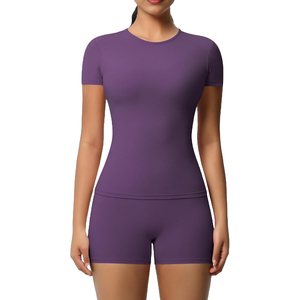 Conjunto Deportivo de 2 Piezas para Mujer, Color Verde Claro, Top de Manga Corta, Pantalones Cortos de Cintura Alta, Tejido Sólido Transpirable, Primavera Verano - Product Image 6