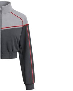 Grey Black Women Cropped Track <b>Jacket</b> <b>Zip</b> <b>Up</b> Sports <b>Jacket</b> Gym Fitness Activewear Red Piping Contrast Training <b>Jacket</b> Customized - Product Image 4