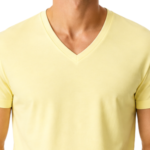 Camiseta de hombre de color amarillo pastel de primera calidad, personalizada, de tela jersey suave, corte ajustado, cuello en V y manga corta. - Product Image 3