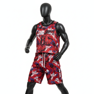 Conjunto de camiseta y pantalones cortos de baloncesto para hombre, premium, 180 GSM, malla de poliéster transpirable, rojo y negro, sublimación, logotipo personalizado, conjunto de pantalones cortos para hombre - Product Image 1