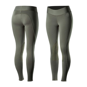<b>Women's</b> High Rise Equestrian Pants Slim Fit <b>Beige</b> with Black Knee Panels Zipper Closure Solid Color Riding <b>Leggings</b> - Product Image 4
