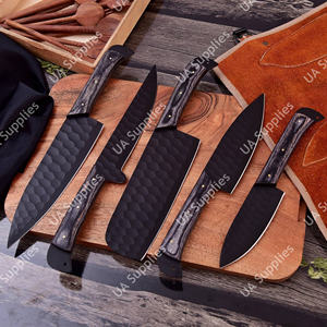 Custom Handmade 12C27 Stainless Steel Powder Coated Brushed Finish Hammered Blade 5 Pcs Professional Chef <b>Set</b> Ergonomic Black - Product Image 3