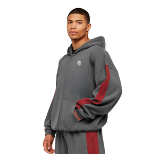 Sweat-shirt à capuche gris pour homme avec manches contrastées rouges, en polaire premium, coupe décontractée, style streetwear décontracté - Product Image 3