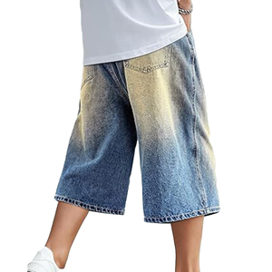 Pantalones Cortos de Mezclilla de Pierna Ancha para Hombre, Cintura Media, Lavado a la Piedra, Teñido Degradado, Algodón, Casuales, de Verano - Product Image 3