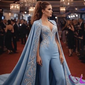 Elegante Vestido Tipo Capa Azul Cielo Bordado con Mono |   Vestido de noche de lujo con cuello corazón para mujer, ideal para eventos de gala. - Product Image 3