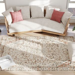 Tappeto Lavabile in Lavatrice 5x7 Antiscivolo con Stampa Floreale Classica, Colore Marrone Misto per Soggiorno e Camera da Letto - Product Image 1