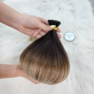 Extensions de cheveux humains GUGU I-Tip, ombré brun à blond, fusionnement sans couture, aspect naturel, cheveux vierges. - Product Image 1