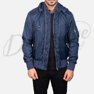 Men Navy Blue Hooded Bomber <b>Jacket</b> Windproof Casual Flight <b>Jacket</b> with Detachable Hood and Sleeve Zipper Pocket - Product Image 1