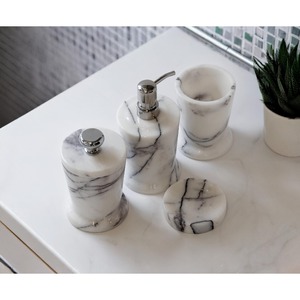 Marble Bathroom Set Three-Piece Round Soap Dispenser <b>Toothbrush</b> <b>Holder</b> Cup Minimalist Style Durable Eco-Friendly Easy to Clean - Product Image 4
