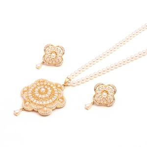 RAY FINE ORNATES Sapphire Pearl Princess Cut <b>Crystal</b> Pendant Set Gold Plated Brass Necklace <b>Stud</b> <b>Earrings</b> Women Jewelry Trendy - Product Image 1