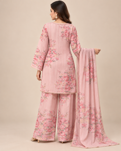 Pink Floral Printed Cotton Indian Top Pants Set Reversible Wrinkle Free Midi <b>Kurta</b> Sharara Outfit for Party Wedding All Seasons - Product Image 4