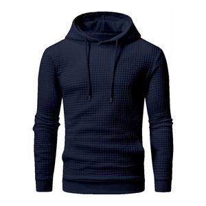 Men's <b>Navy</b> Blue Hooded Waffle Knit <b>Sweatshirt</b> Regular Fit Casual Autumn Pullover Long Sleeve Solid Color Hoodie - Product Image 5