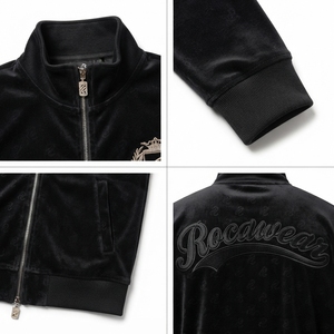 Men's Black Cotton Velour Breathable Anti-Pilling Heavyweight <b>Tracksuit</b> 320GSM <b>90s</b> Heritage Streetwear 2-Piece Sweatsuit Regular - Product Image 4