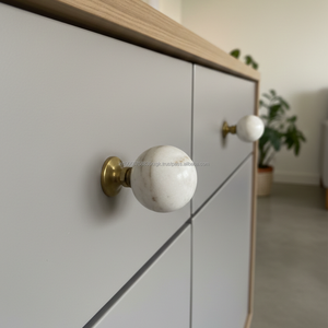 Bouton de meuble et poignée de tiroir ronds en marbre, finition blanc et crème, pour cuisine, commode, chambre - Product Image 4