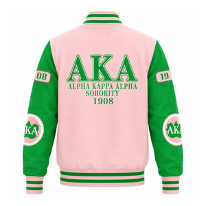 Chaqueta Varsity Alpha Aka a Bajo Precio, Color Verde y Rosa, Logotipo Bordado, Cierre de Botones 1908, Estilo Preppy, Unisex - Product Image 6