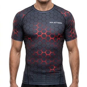 <b>Men</b> Short Sleeve Compression <b>Shirt</b> <b>Black</b> <b>Red</b> Honeycomb Graphic Gym Fitness Running Training Sportswear Performance Base Layer - Product Image 1