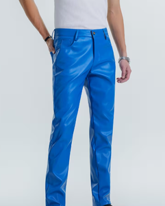 Men's Blue PU Coated Straight Fit Casual <b>Trousers</b> <b>Elastic</b> <b>Waist</b> Anti-Pilling Stone Wash Heavyweight Winter Wear Stylish PU Pants - Product Image 2