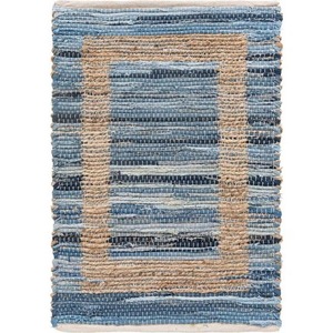 Tapis en jute patchwork fait main, rectangulaire, bleu beige, écologique, style bohème, tissage plat, matériaux recyclés, envers en jute, pour salon - Product Image 4