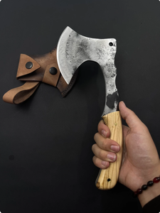 Hacha de campamento de acero forjado artesanal con espiga plana, mango de madera noble y funda de cuero genuino - Herramienta industrial de supervivencia para bricolaje - Product Image 5