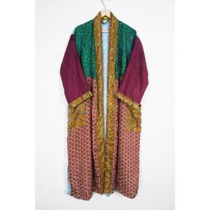 Robe longue en soie 100% patchwork à col en V avec cordon de serrage, manches trois-quarts, respirante et douce pour femmes - Product Image 6