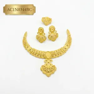 Luxury 24K Gold Plated Brass Flower Shape Filigree African Jewelry Set for Women Dubai Style Charm <b>Necklace</b> with Earrings & <b>Ring</b> - Product Image 3