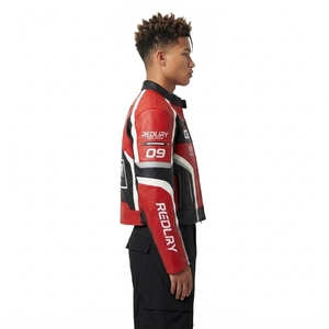 Mens Red Black Leather Motorcycle Biker <b>Racing</b> <b>Jacket</b> Custom Color Block Panel Stand Collar Zip Up Slim Fit Streetwear Coat - Product Image 3
