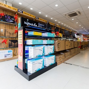 High-End Freestanding Modern Electronics Retail Display Stand | Double-<b>Sided</b> Glass Shelving <b>Unit</b> with LED Lighting OEM - Product Image 3