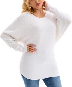 White Oversized Knit Sweater With <b>Sequined</b> Drop-Shoulder <b>Long</b> <b>Sleeve</b> O-Neck Autumn <b>Top</b> Women's Breathable Solid Design - Product Image 2