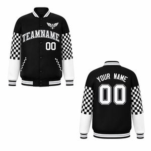 Custom Varsity <b>Jacket</b> <b>Men</b> Black <b>White</b> Checkered Sleeve Baseball <b>Jacket</b> Personalized Team Name Logo Letterman <b>Jacket</b> Streetwear - Product Image 5