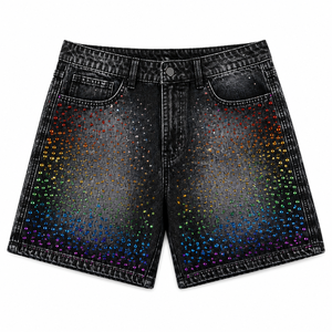 SHH INDUSTRIES Short en jean personnalisé pour homme, respirant, taille mi-haute, orné de strass et de boutons, avec ceinture florale en cristal, OEM ODM - Product Image 3