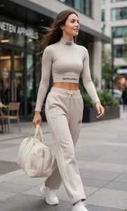Conjunto Deportivo de 2 Piezas para Mujer, Color Beige, Top Corto de Cuello Alto y Manga Larga, Pantalones Anchos con Cordón Ajustable - Product Image 5