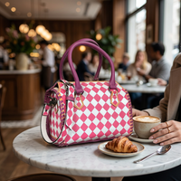 Sac de voyage de luxe portable en cuir véritable 100% avec motif losanges à carreaux rose et blanc et double poignée