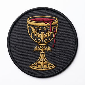 Parche Termoadhesivo Bordado de Calice Dorado con Murciélago Vampiro y Gótica Copa de Sangre, Insignia Redonda para Chaquetas y Bolsos, Venta al por Mayor, Lote Personalizado - Product Image 1