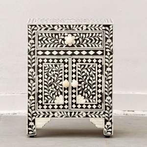 Table de rangement en bois avec tiroir latéral en os incrusté traditionnel, motif décoratif artisanal, pour chambre à coucher - Product Image 5