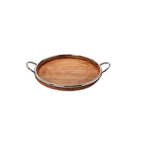 Plateau de service rond en bois d'acacia avec poignée en métal, design moderne, léger, pour la cuisine, la salle à manger, les mariages, la décoration de la maison - Product Image 1