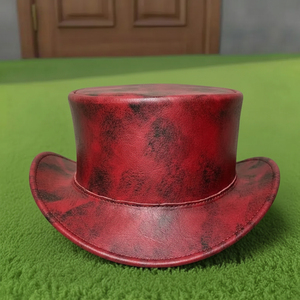 Premium quality custom made Handmade Red Distressed Leather Top <b>Hat</b> Steampunk Gothic Victorian Cosplay <b>Hat</b> - Product Image 4