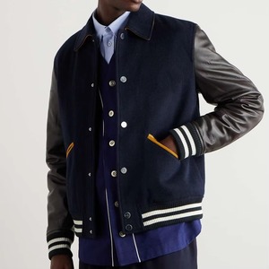 Veste de sport marine pour homme avec manches en cuir, col rabattable, fermeture éclair, style décontracté, couleur unie, coupe classique, idéale pour l'automne - Product Image 3